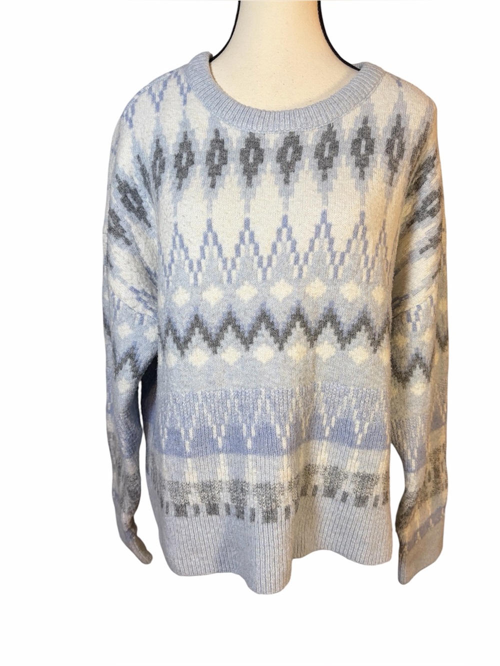 Frye Fair Isle Sweater Small Blue Gray Nordic Cozy Pullover Soft Knit Size XL